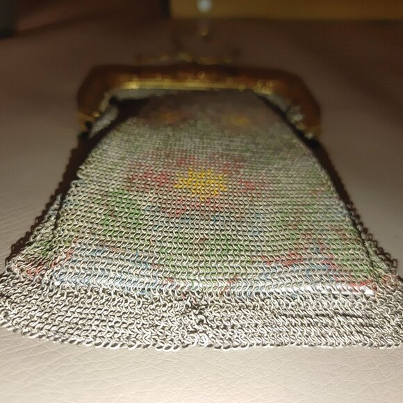 Vintage Whiting Davis Mesh Purse Chain Strap Gold Floral Frame Art Deco Bag - Picture 3 of 8